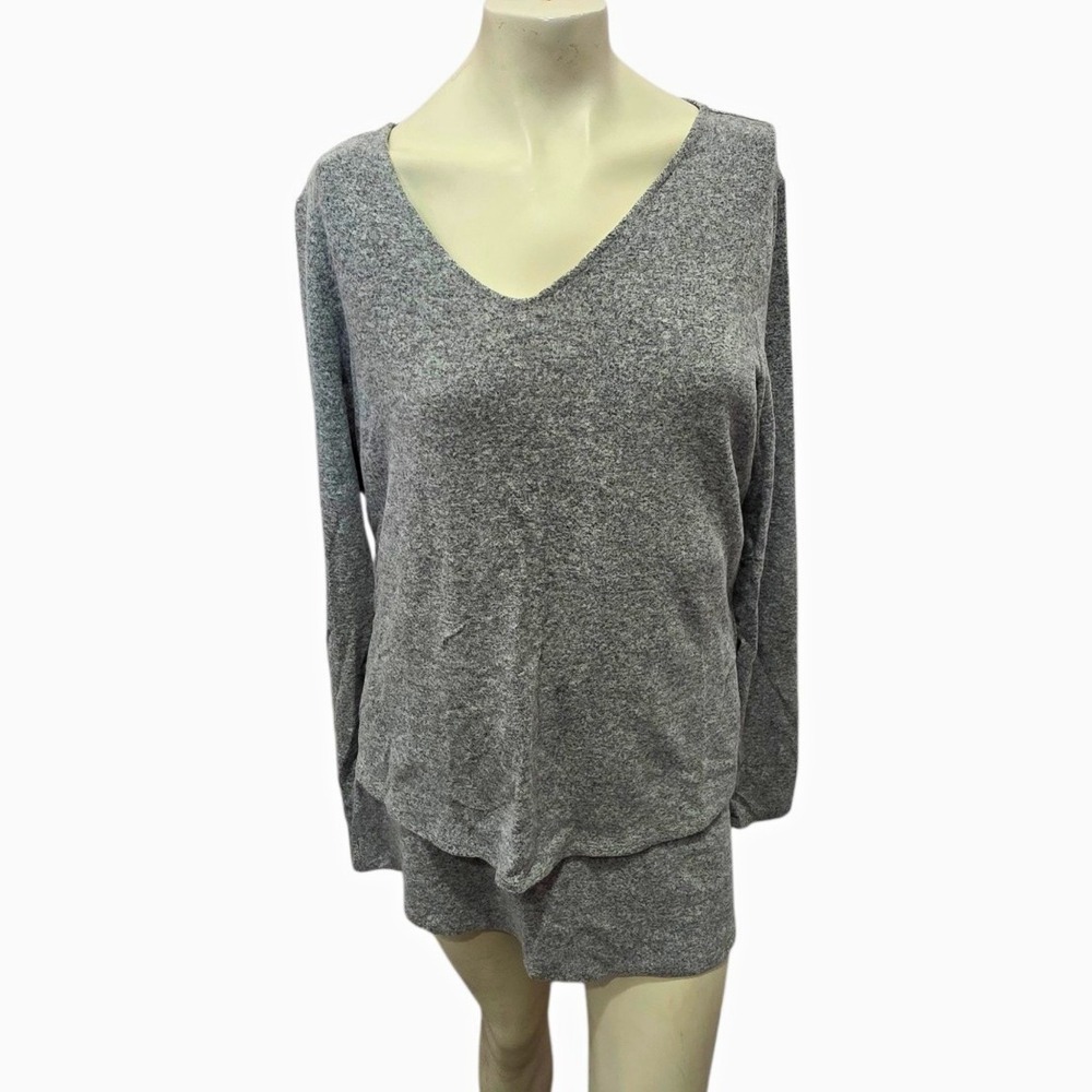 White House Black Market Gray Heathered V-Neck Knit Pullover Top Womens SZ L